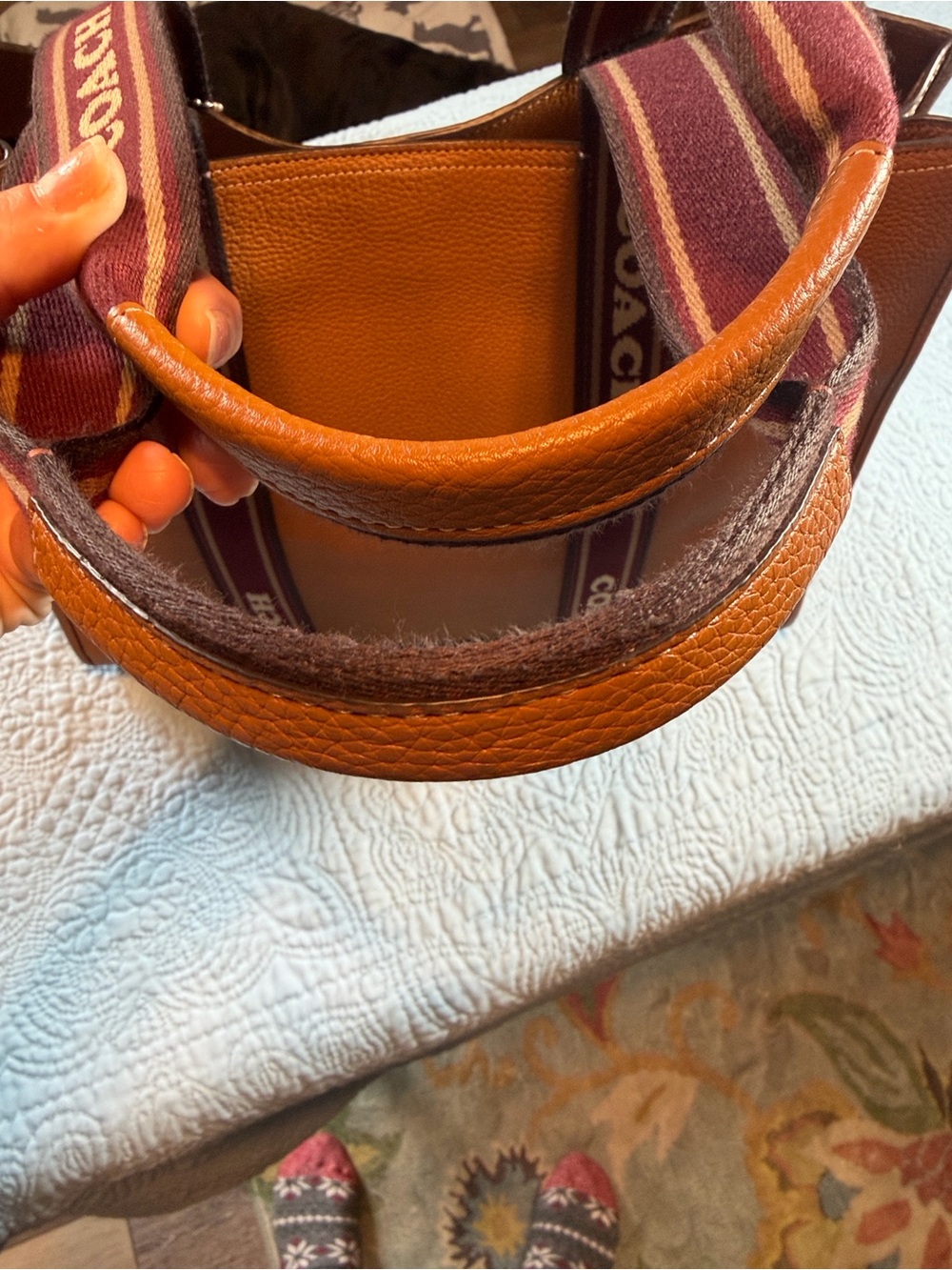 Coach Tan Pebbled Tote with Maroon Canvas Branded Strap - Picture 4 of 15